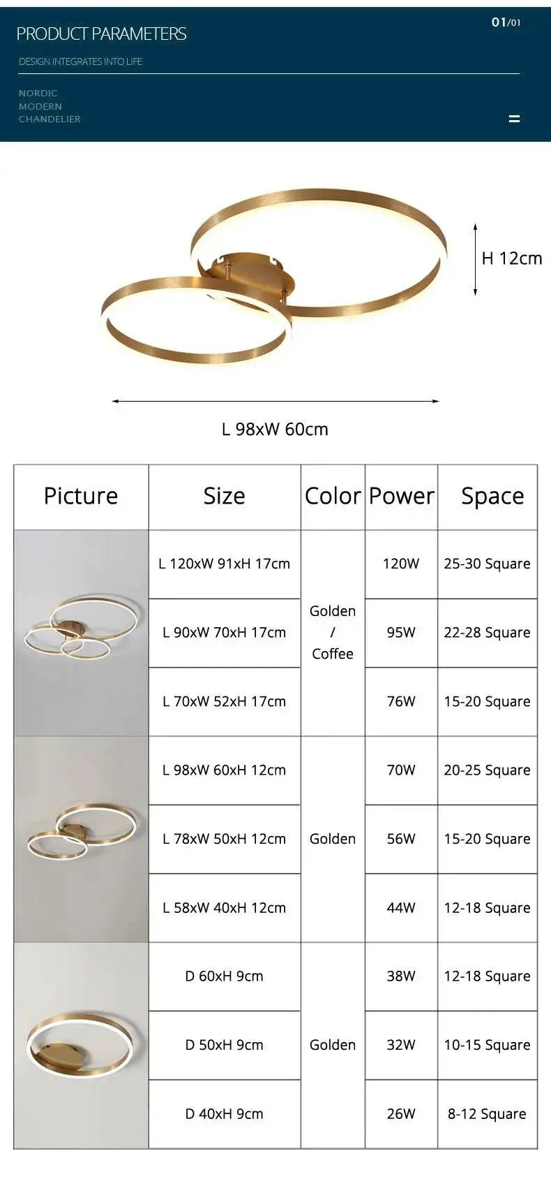 Modern LED Chandelier Nordic Gold 3 Circle Metal Ceiling Lamp For Home Living Study Room Bedroom Indoor Home Lighting Decoration