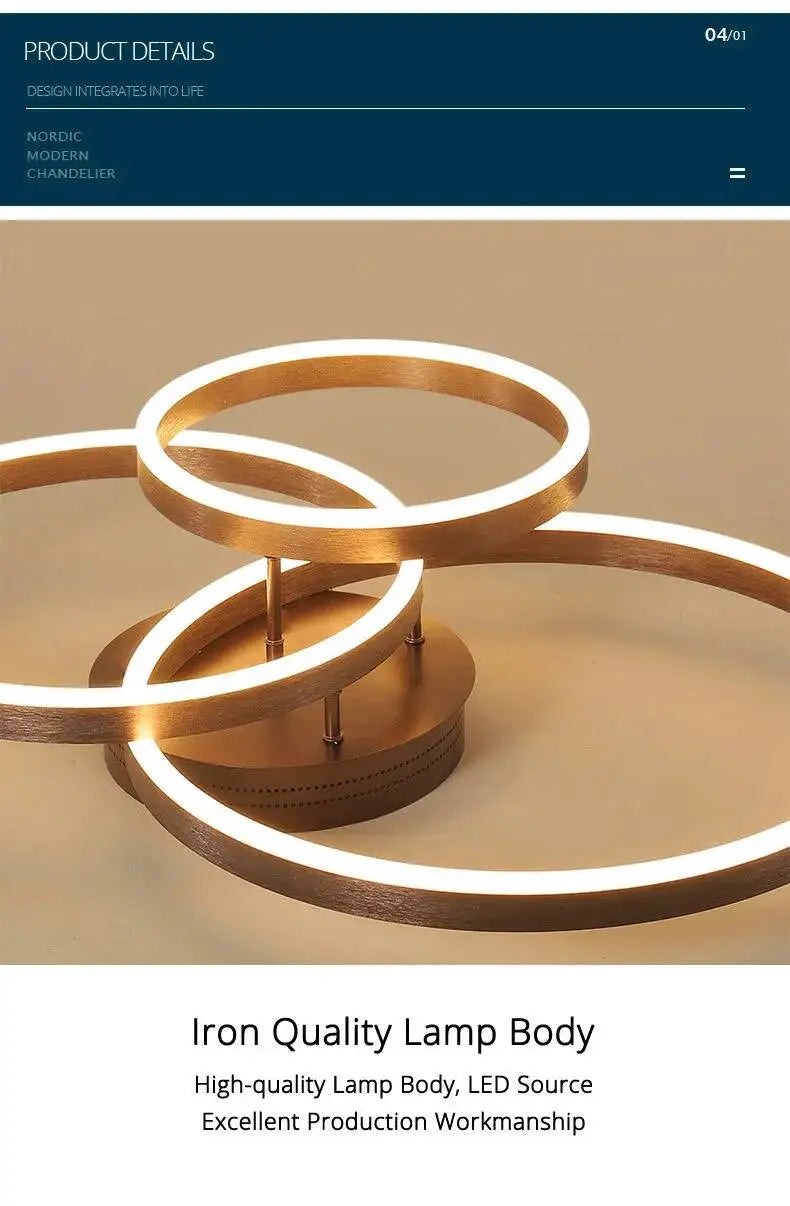 Modern LED Chandelier Nordic Gold 3 Circle Metal Ceiling Lamp For Home Living Study Room Bedroom Indoor Home Lighting Decoration