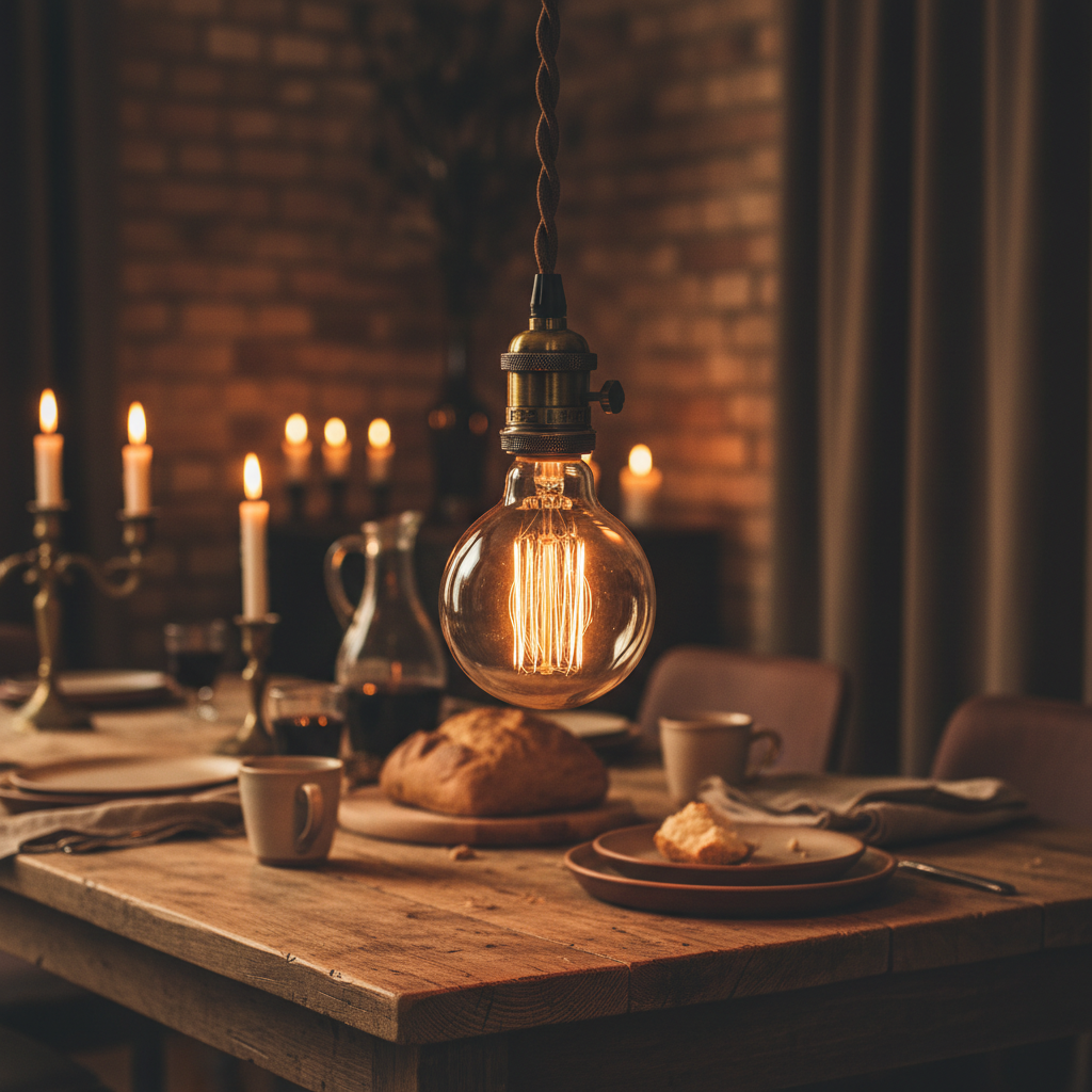 Vintage Edison pendant lamp with warm amber glow above a rustic dining table