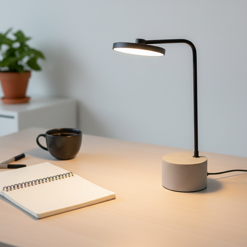 Minimalist concrete desk lamp with matte black arm on a wooden desk