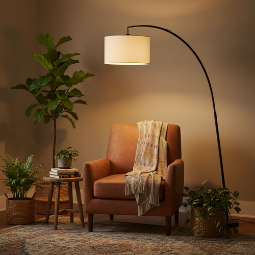 Arc floor lamp with cream drum shade in a cozy living room corner