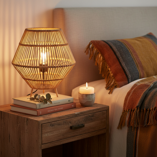Rattan weave bedside lamp glowing warmly on a wooden nightstand